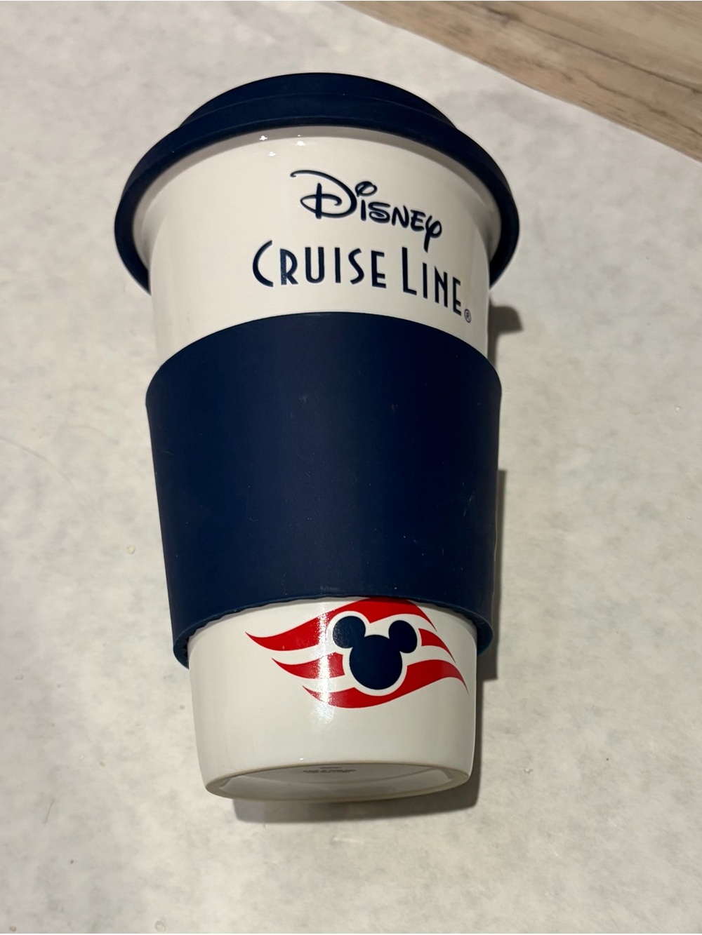Disney Cruise Line White and Navy Travel Coffee Cup with Red Logo